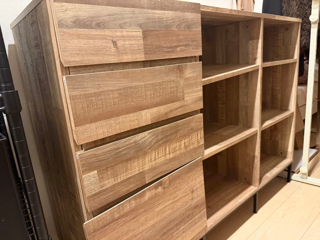 木目調キャビネット 4引き出し 6棚 lowya