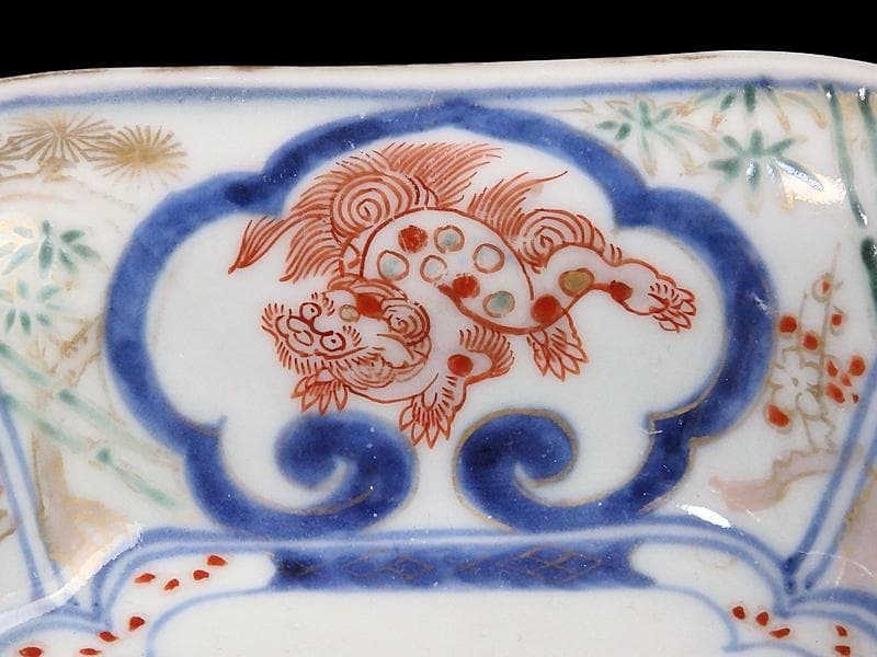 古伊万里　金襴手　窓絵　牡丹に獅子　松竹梅の図　四方角向付　B334AS-CVd