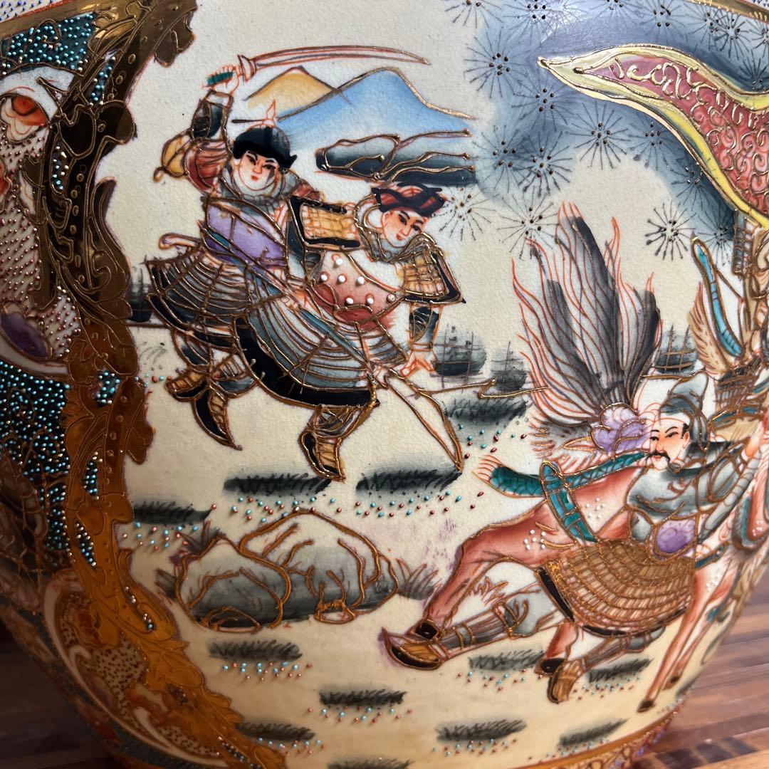 【豪華絢爛】武者絵 金魚鉢 武将・馬・金魚図 大型陶器 水鉢／火鉢／インテリア