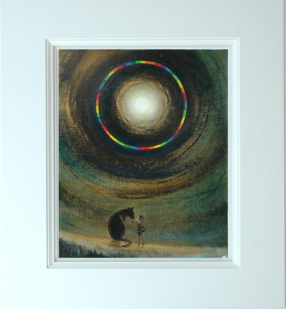 油絵 菅家令子絵 絵画インテリア額付(黒) F3-051821 祈り犬猫 女の子