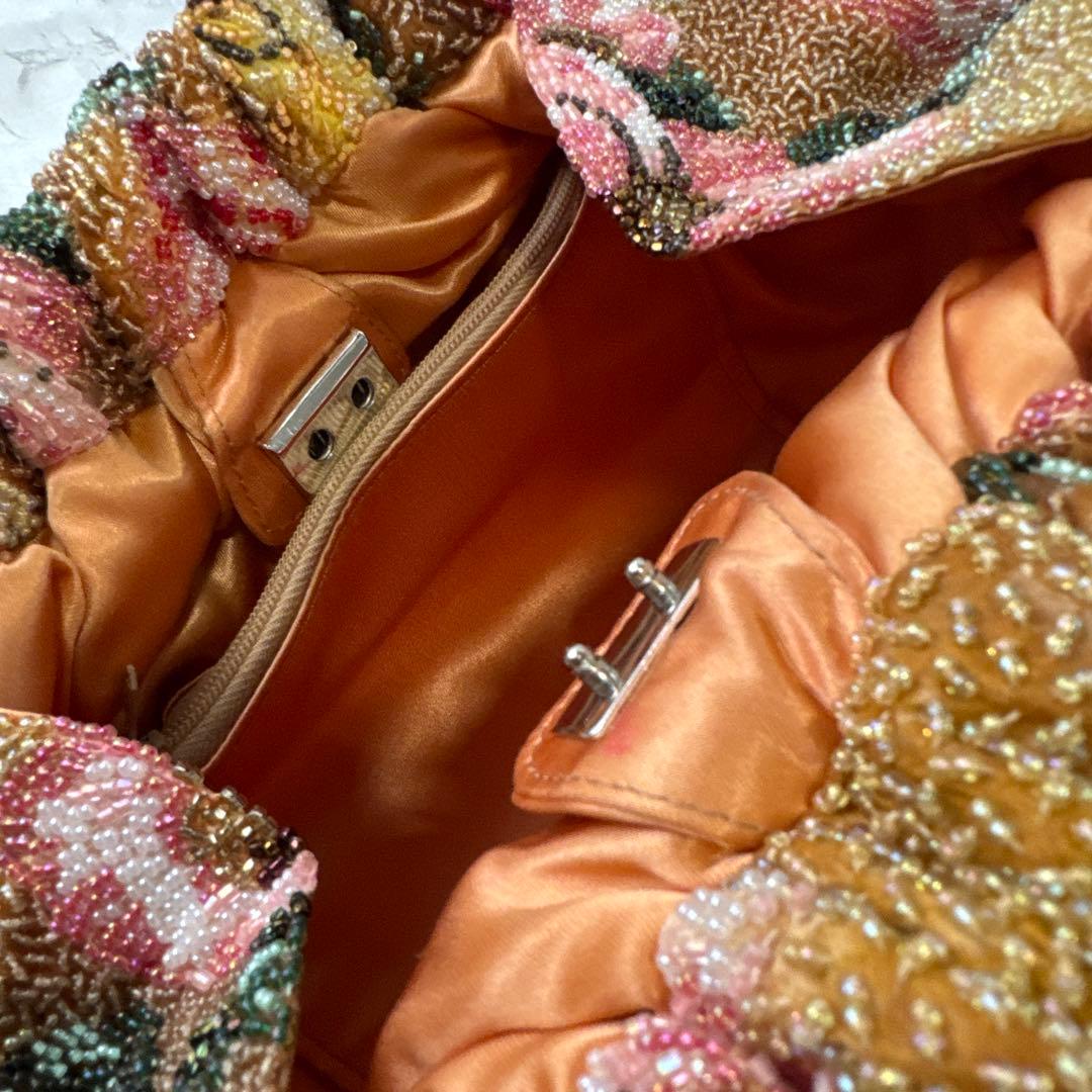 ノーブランド 花柄 ビーズ刺繍×鼈甲ハンドル アンティーク 和装ハンドバッグ