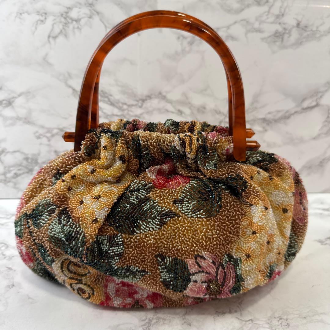 ノーブランド 花柄 ビーズ刺繍×鼈甲ハンドル アンティーク 和装ハンドバッグ