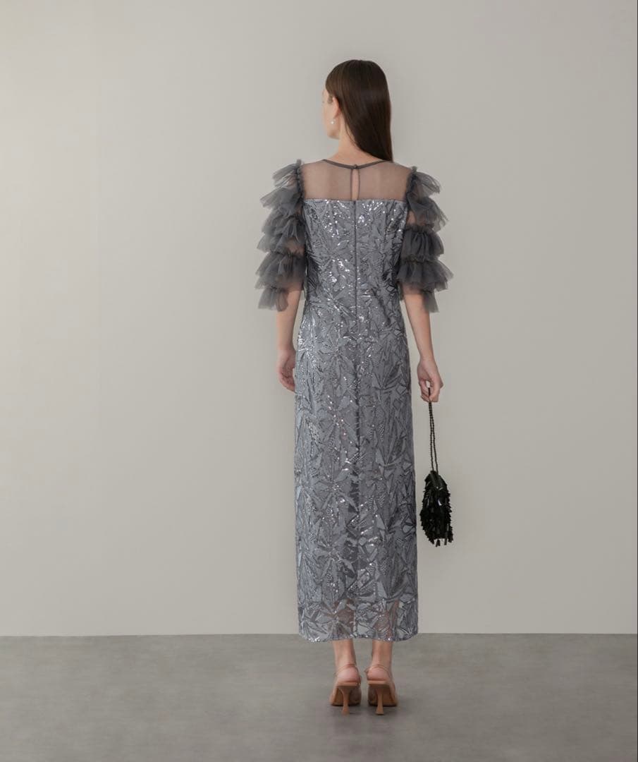 LEJA チュールフリルスリーブスパンコールIラインワンピースドレス