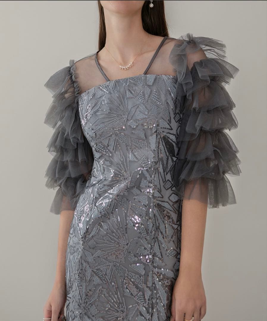 LEJA チュールフリルスリーブスパンコールIラインワンピースドレス