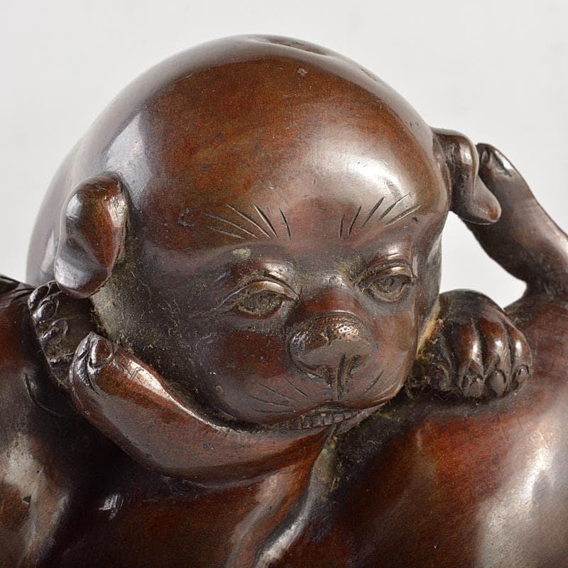 明治金工　古銅　子犬　双犬　置物　G　R6994