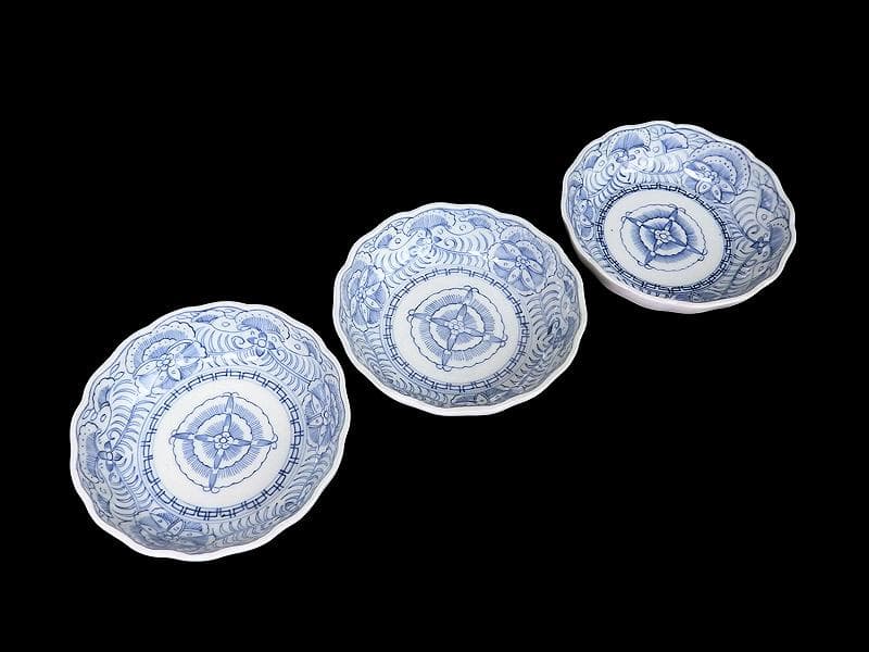 古伊万里　線描き　クルス紋に花の図　膾皿　３客　D505AS-CZp