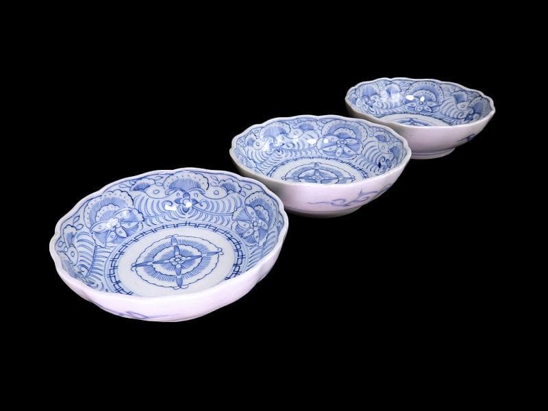 古伊万里　線描き　クルス紋に花の図　膾皿　３客　D505AS-CZp