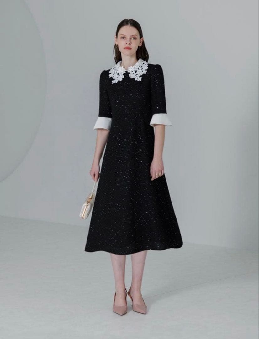 【LEJA】花柄レースカラースパンコール刺繍Aラインフレアドレスワンピース