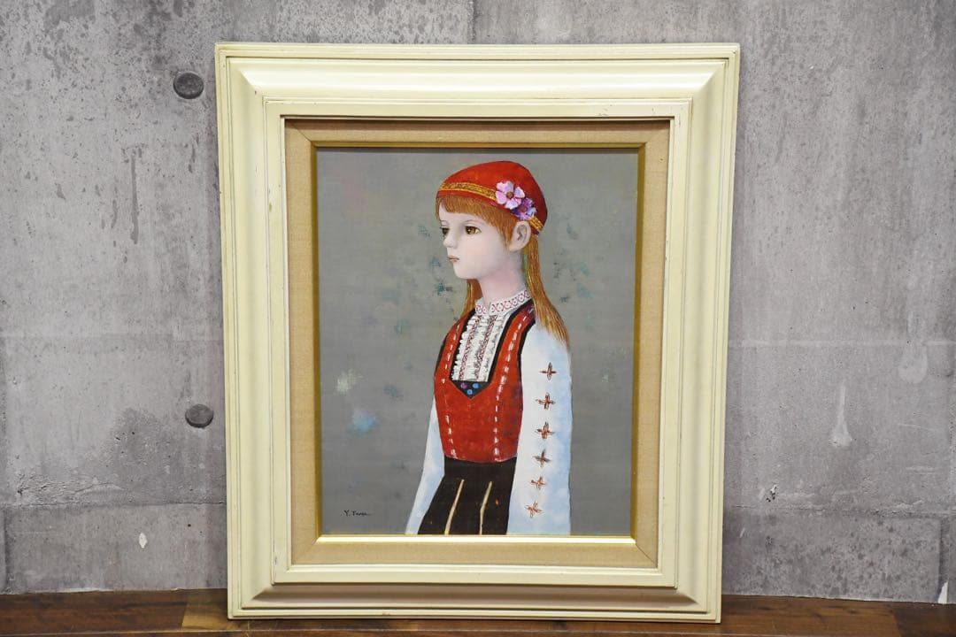 DIK100 田屋幸男 「ギリシャの少女 」 F6号 真作 油彩 人物画 額装