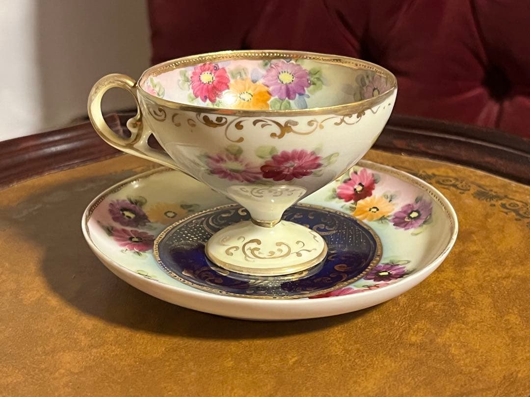 オールドノリタケ　金彩　総柄　高脚カップソーサー　花柄