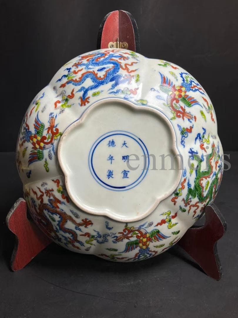 中国古美術・五彩絵花口皿・花形五彩龍鳳皿・純手作り・陶磁器・茶道具・飾皿