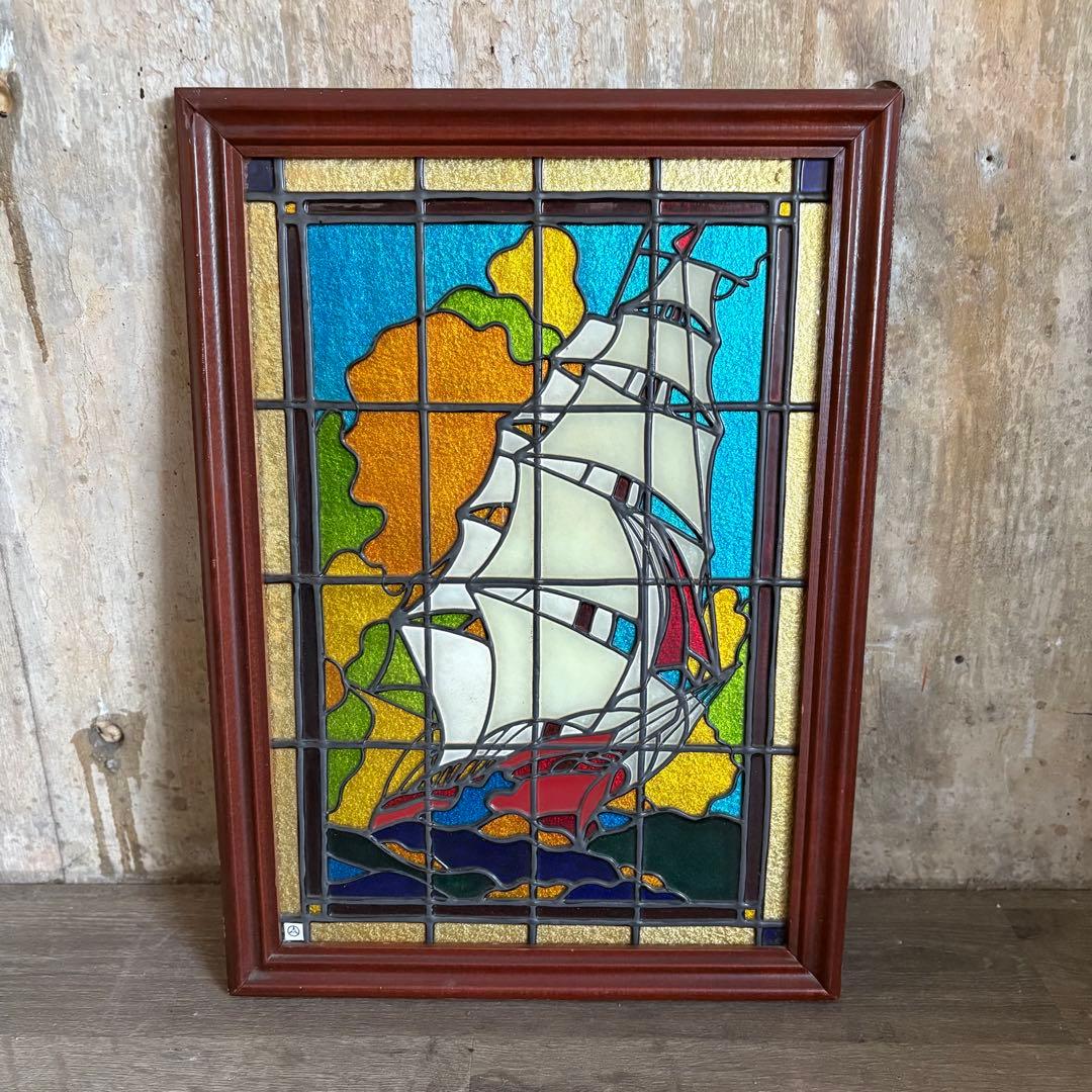 ニューステンドグラスパネル　帆船　ヨット　ヴィンテージ 額装　現状品