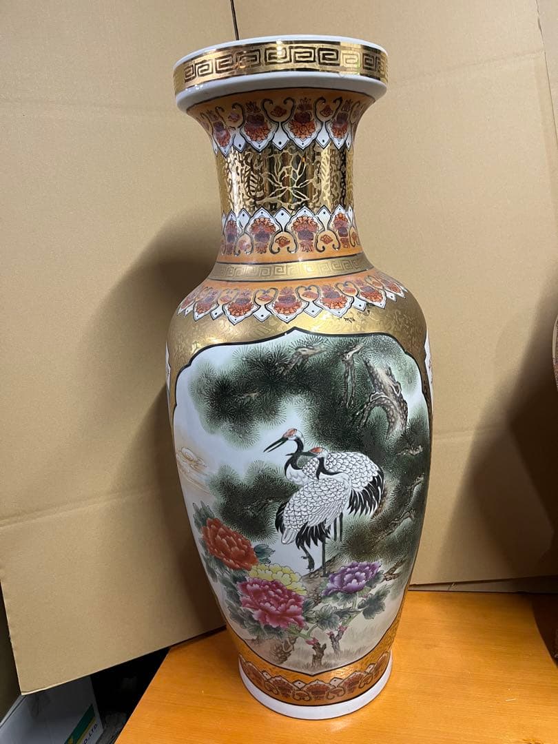 鶴と花の陶器花瓶 アンティーク　花生　中国