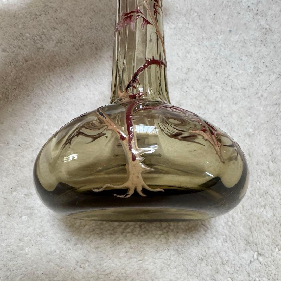 本物保証 エミール•ガレ エナメルガラス花瓶 約1890年 骨董 稀少品 共箱