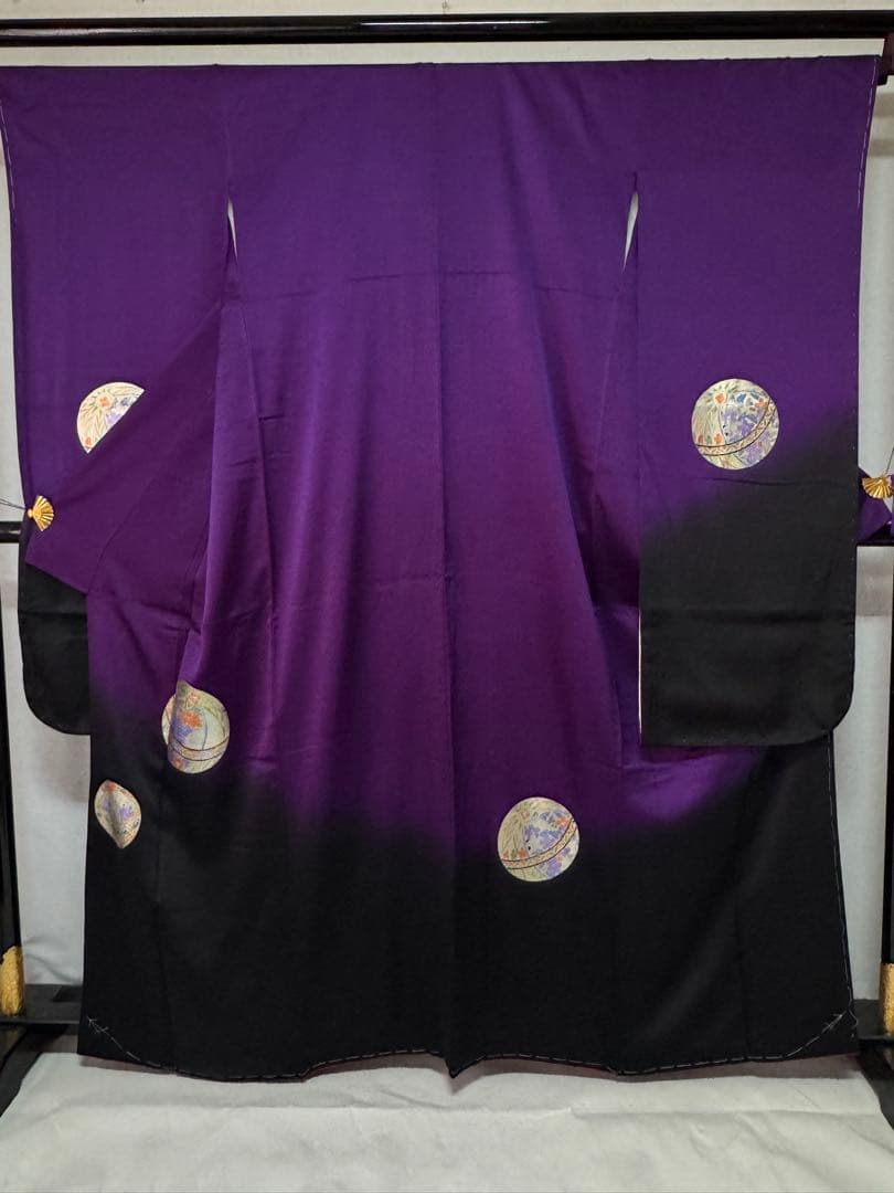 [美品] ヴィンテージ　振袖　成人式　手縫い　紫　黒　繻子　綸子　結婚式