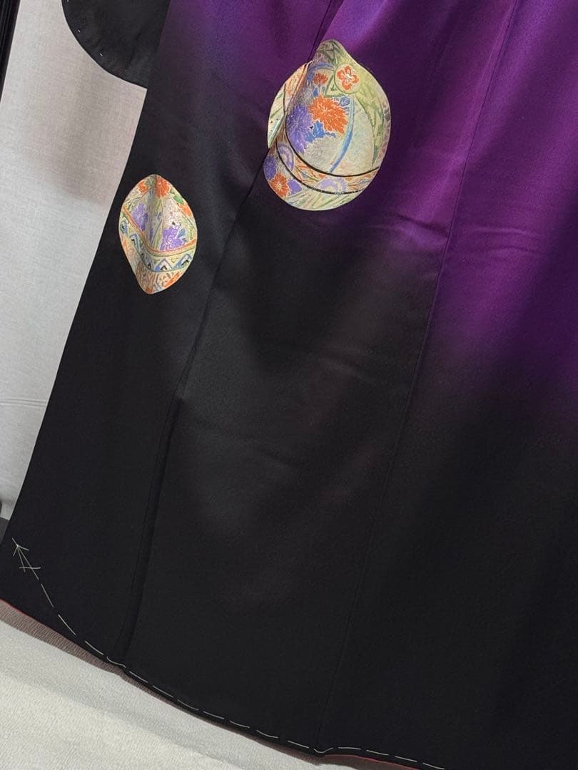 [美品] ヴィンテージ　振袖　成人式　手縫い　紫　黒　繻子　綸子　結婚式