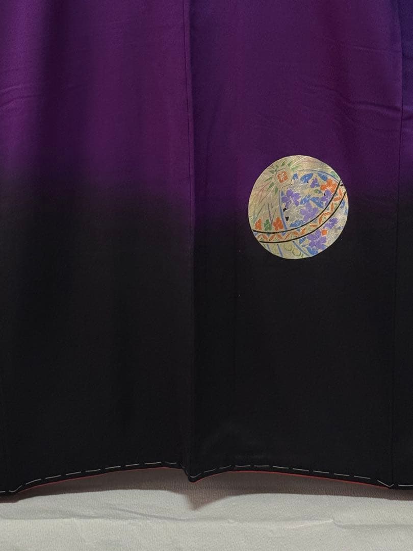 [美品] ヴィンテージ　振袖　成人式　手縫い　紫　黒　繻子　綸子　結婚式