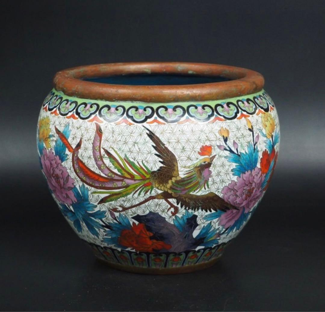 送料無料　中国古玩 鳳凰牡丹図七宝花鉢 植木鉢