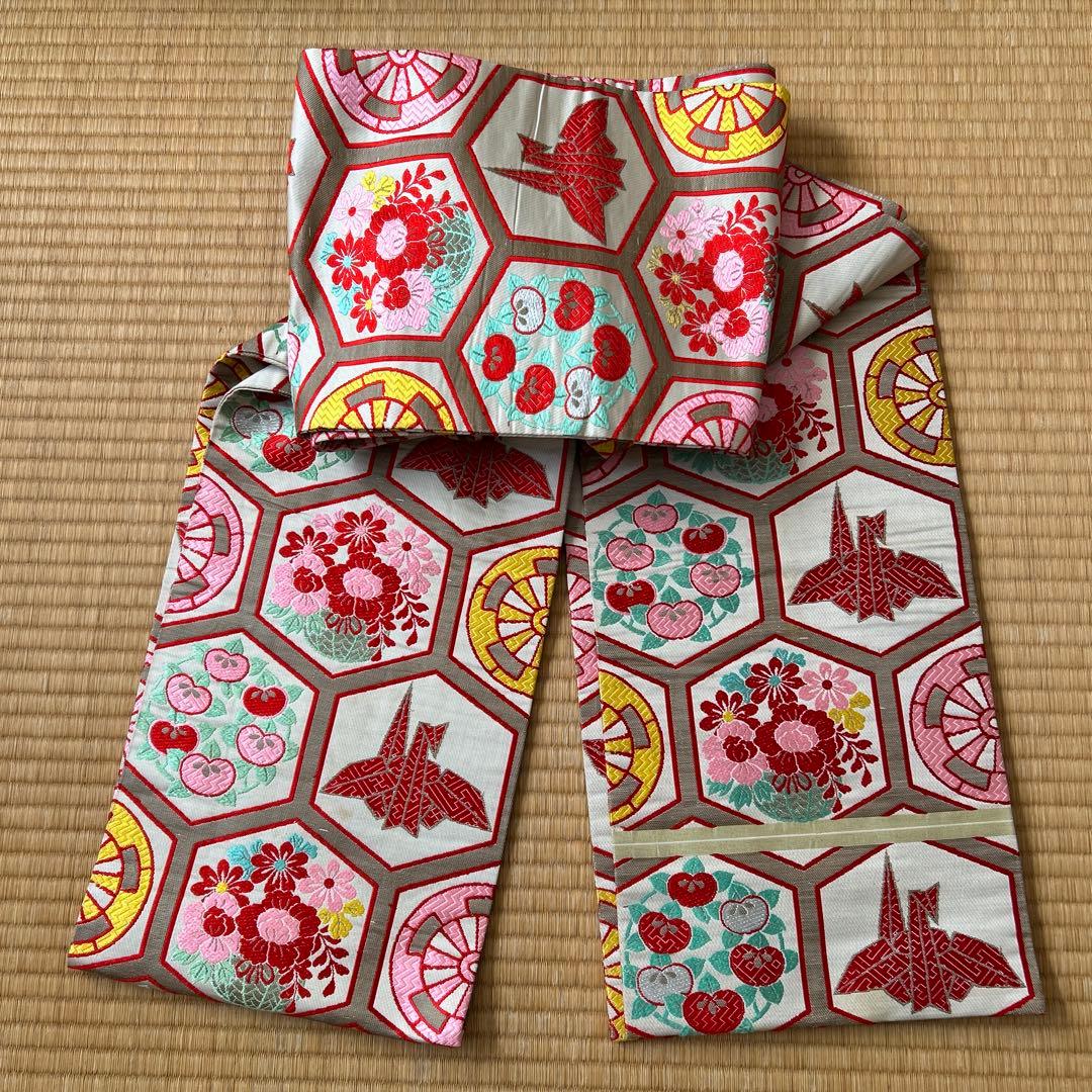 七五三　結び帯　帯　両面柄　赤　7歳　七歳　豪華両面柄入り　折鶴　折り鶴　鶴