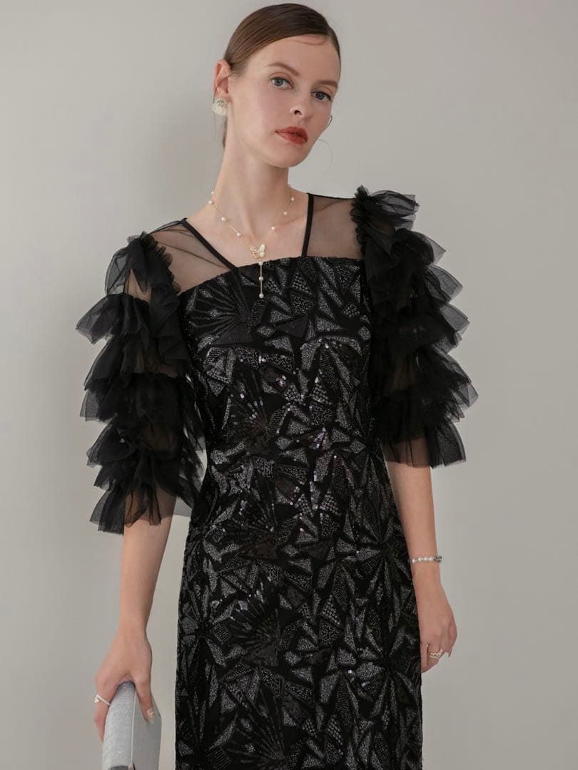 チュールフリルスリーブスパンコールIラインワンピースドレス結婚式二次会パーティー