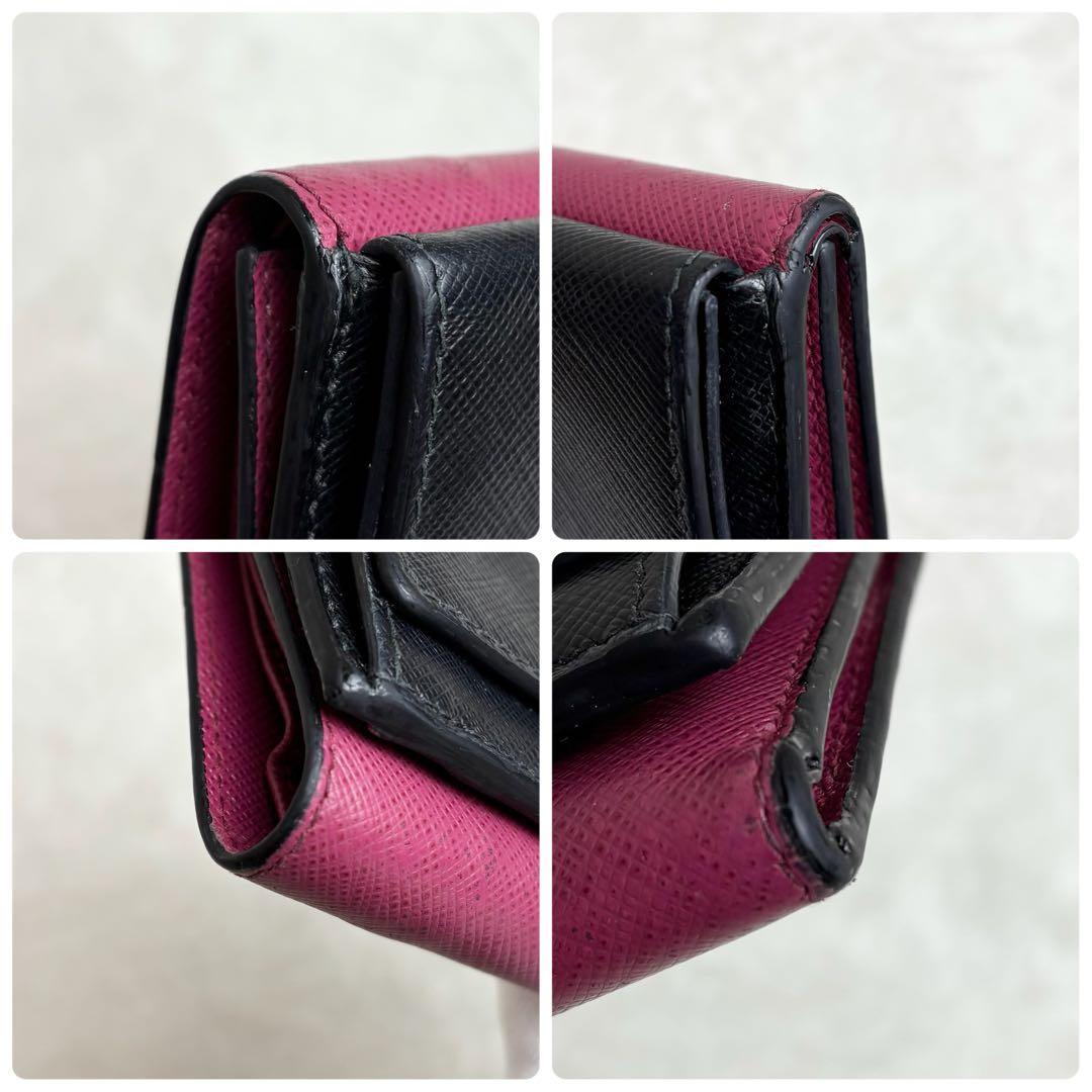 【希少✨】PRADA 三つ折り財布 バイカラー サフィアーノレザー 黒 ピンク