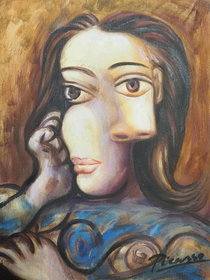 【値下げ】 油彩画 女性肖像 人物画　油絵　ピカソ　F6　額付き　手描き　肉筆