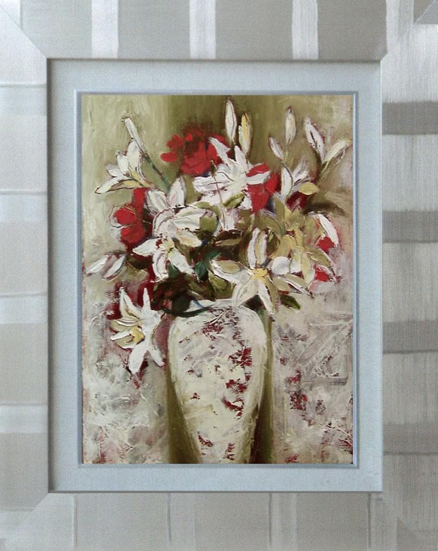 油絵 菅家令子 絵画インテリア 額付(青緑＋金色の枠) uF6-112402ゆり