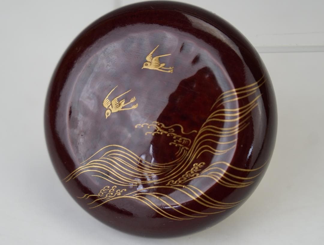 秀雄　作　波千鳥蒔絵　香合　内金塗　共箱　煎茶道具　美品