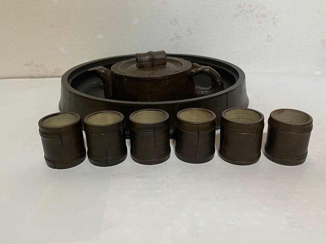 ♦中国？台湾 竹節形 茶道具1式 茶壺 茶碗 盆 急須 紫泥 煎茶道具 骨董品