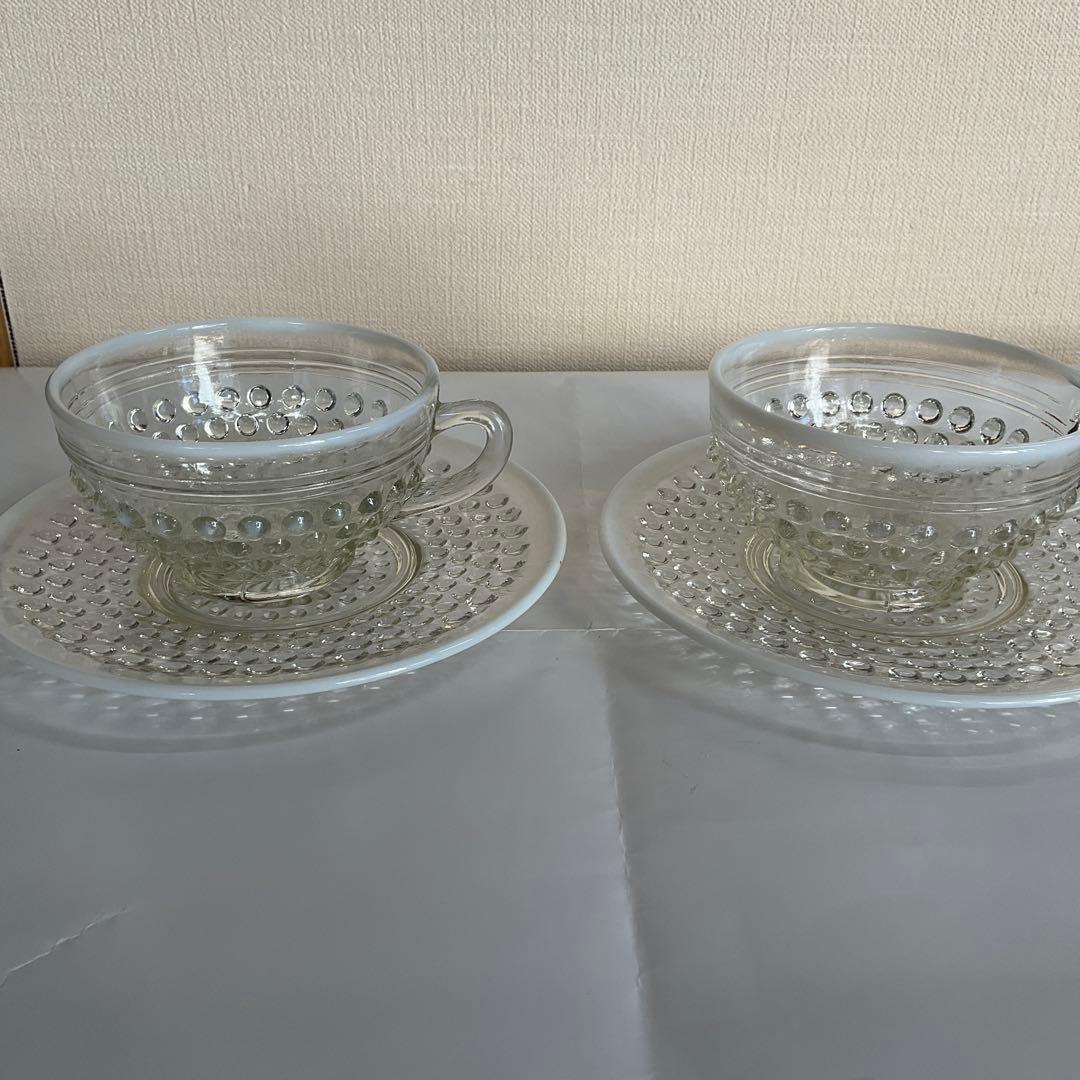 大正ロマン　ウランガラス紅茶水玉カップ&ソウーサ2組