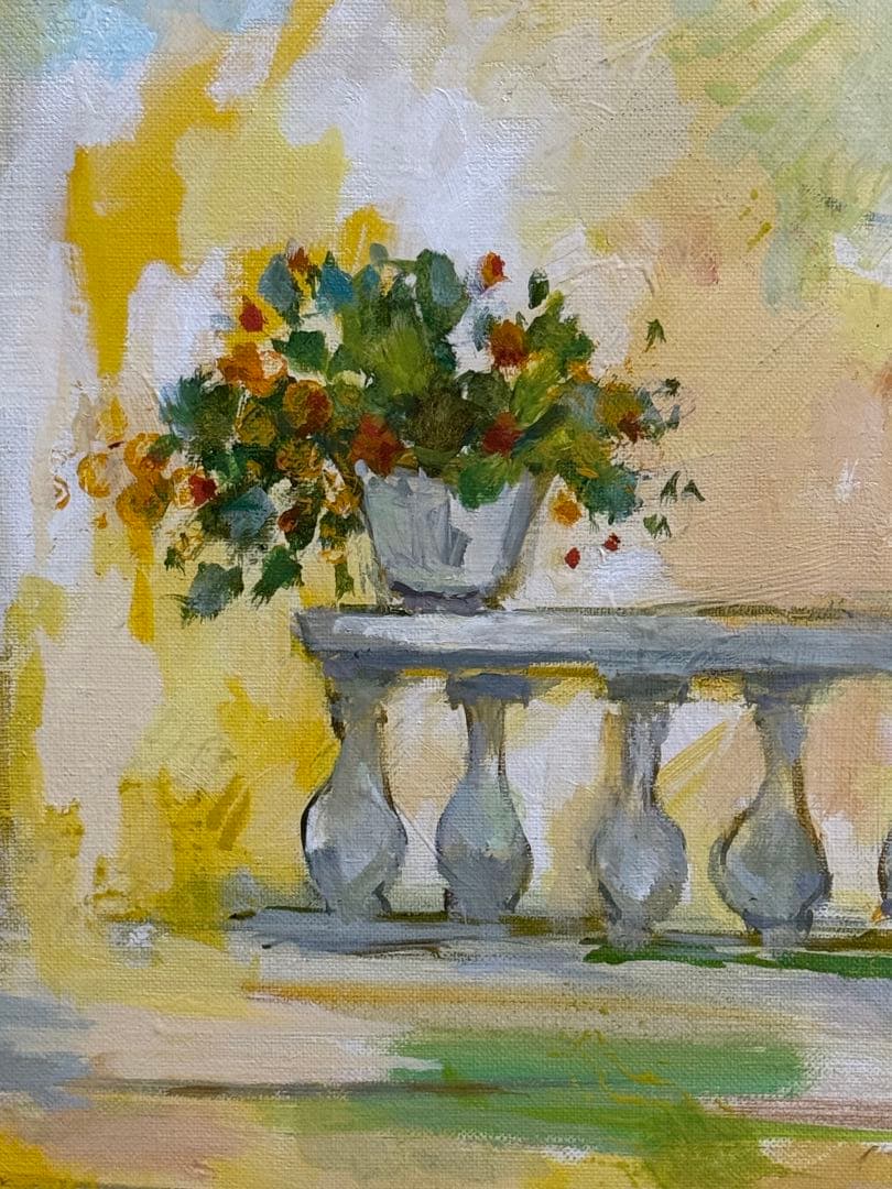 平野能子作　油彩絵　陽光のテラス　額装　示現会作品　F12号　送料込み0824