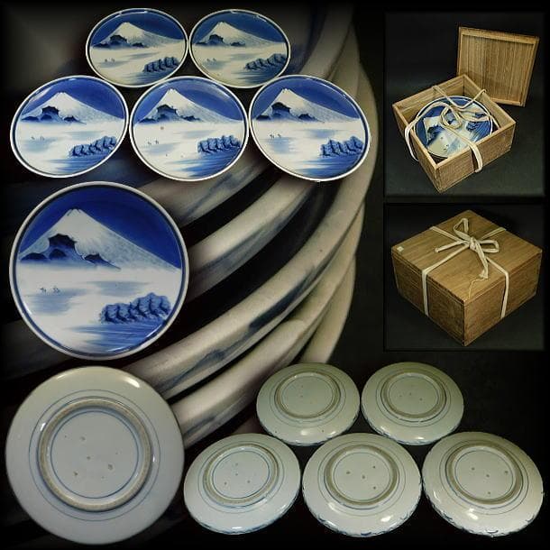 【時代磁器　瀬戸　富士に帆掛山水図染付７寸皿（五枚）】