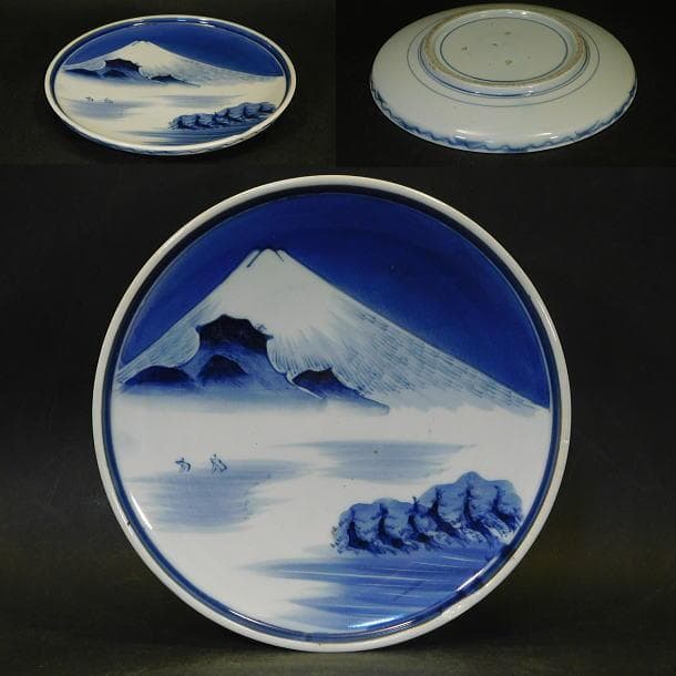 【時代磁器　瀬戸　富士に帆掛山水図染付７寸皿（五枚）】