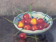 【真作】絵画　長生玲子　油彩3号　マイセン皿の桜桃　瑞々しき果実　Y112