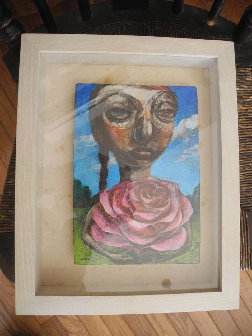 C45）真作　横田尚　ミクスドメディア　サイズSM　バラが咲いた　　額装