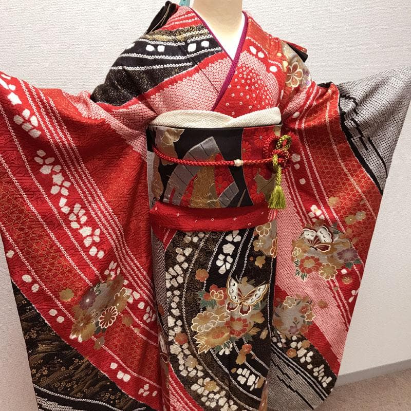 512aj42,袋帯,小物類◎振袖 部分絞り 花丸 成人式 十三参り 赤黒◎