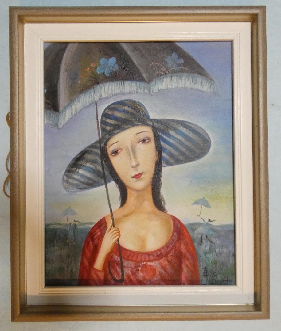 油絵　額付き　斎藤真一　 F6 【　日傘　】手描き