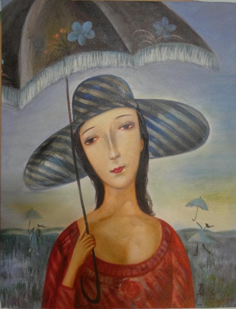 油絵　額付き　斎藤真一　 F6 【　日傘　】手描き