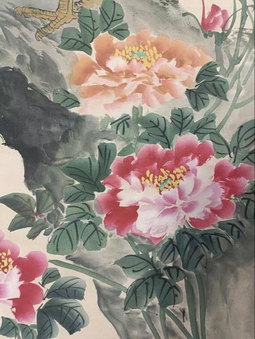 旧蔵書画【徐悲鴻款 花鳥図】花開富貴・大吉鶏図　証書付き 中堂掛軸