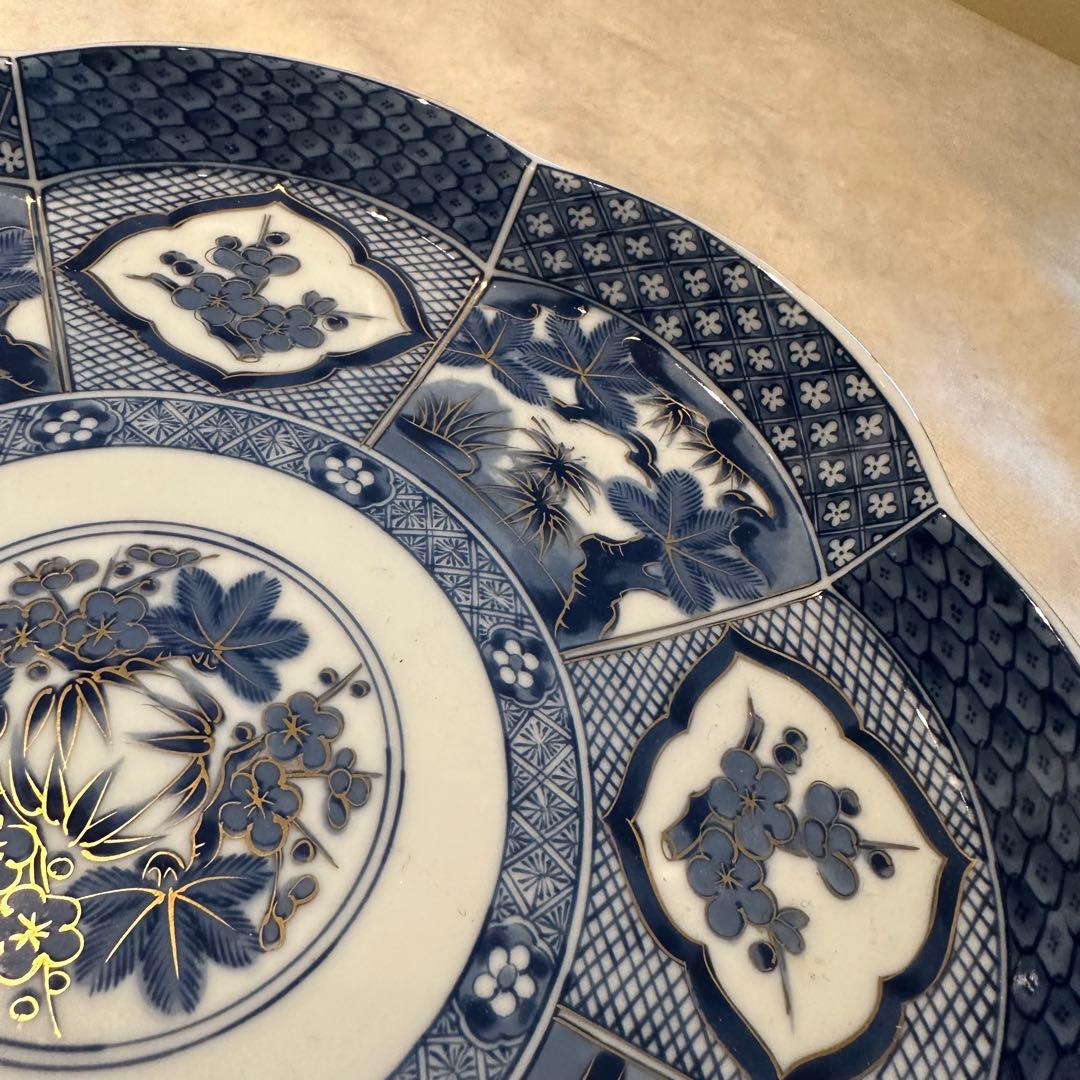 庫山窯　染付　金彩　梅型　大皿　飾り皿　松竹梅