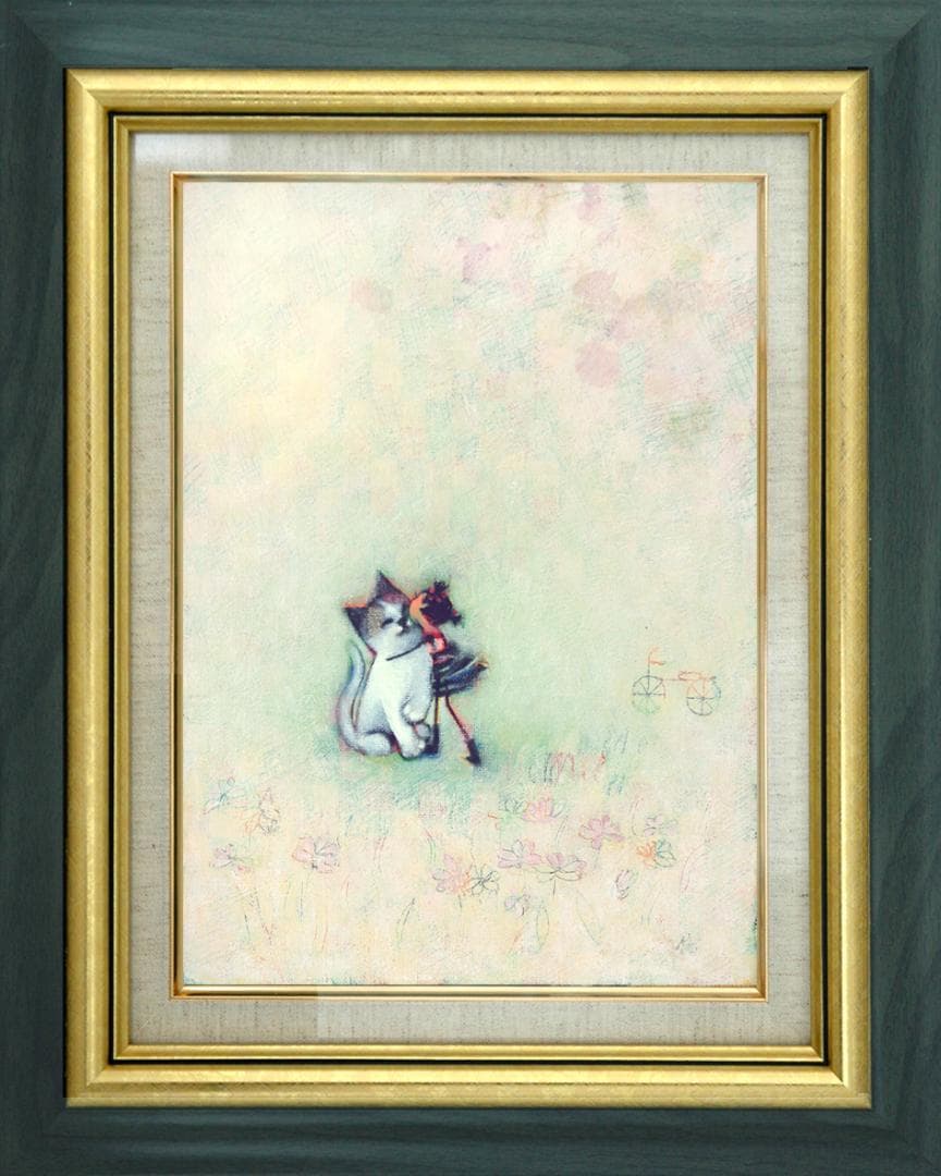 油絵 菅家令子 絵 絵画 インテリア額付(白) F3-051621 子猫と女の子