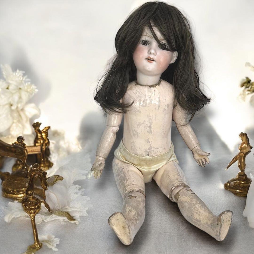 アンティーク ビスクドールアーモンド マルセル ホワイトドレス ボネ カメオ