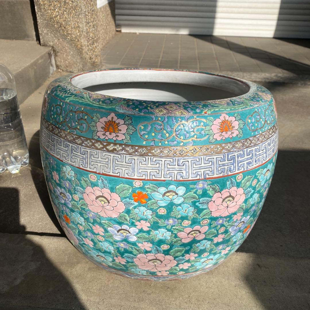 中国古玩　青系花柄陶器製水鉢37cm28cm