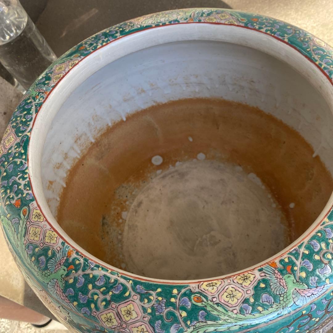 中国古玩　青系花柄陶器製水鉢37cm28cm