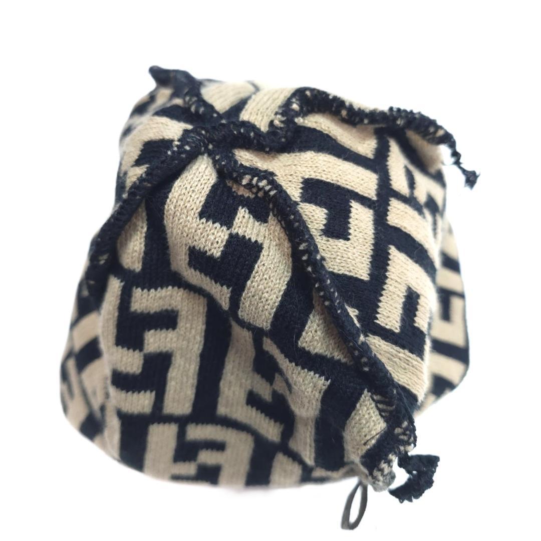 FENDI JEANS フェンディ ズッカ柄 ニット帽 ビーニー ベージュ×黒