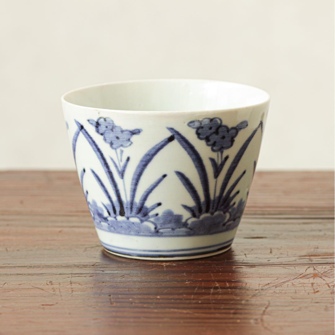 古伊万里　伊万里　江戸　中期　花文様　菖蒲　水仙　大きな!!　蕎麦猪口　染付