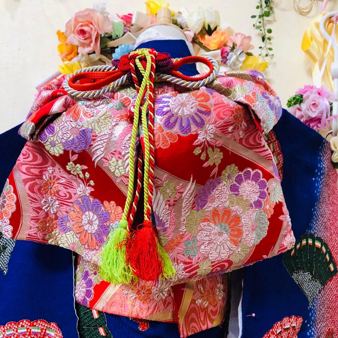 七五三7歳❣️人気Blue暈し絞り柄❣️扇鴛鴦花々金彩煌びやか際立つ完全フルセット❣️