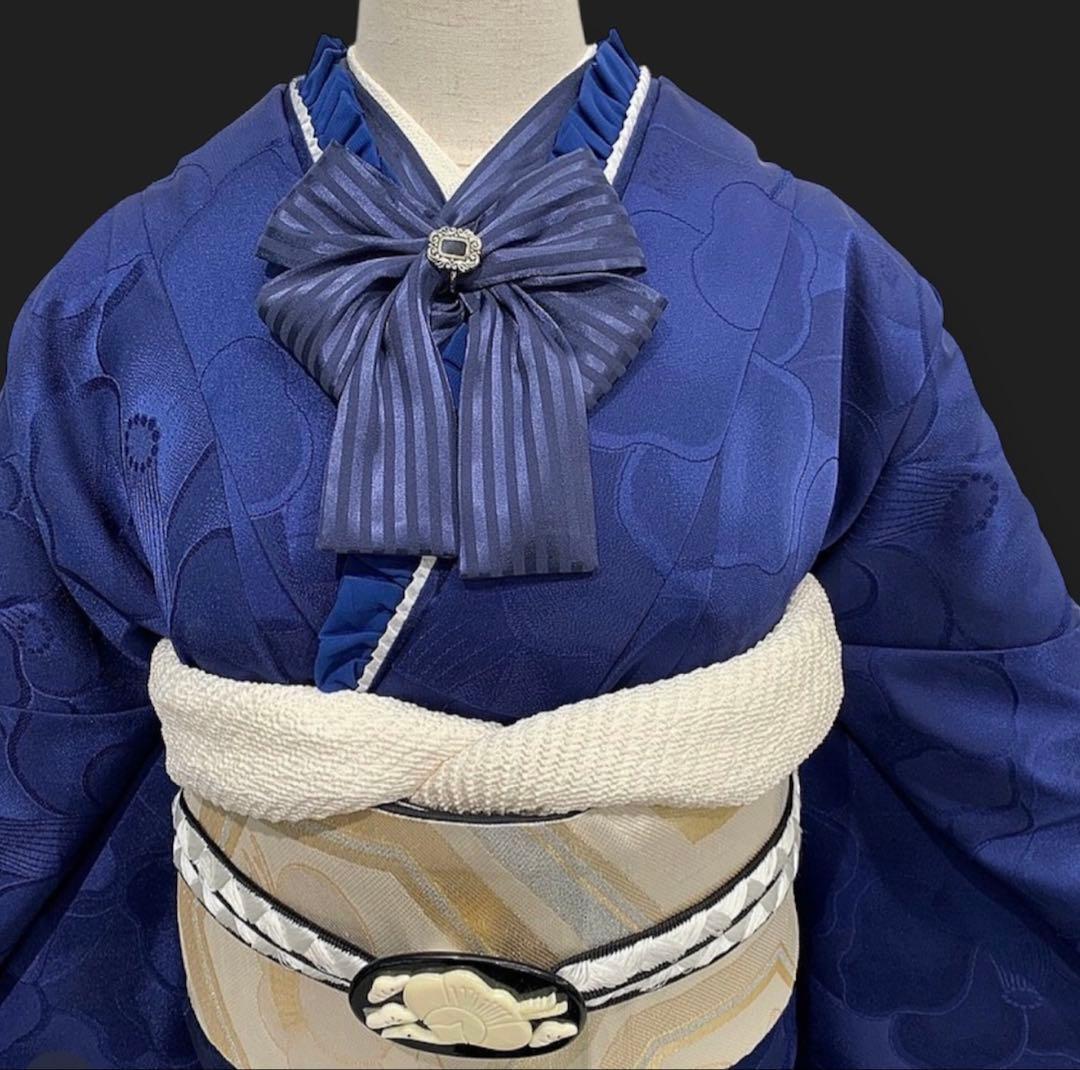 新品 洗える振袖 和風館 【無地 椿 ネイビー】丹後ちりめん★卒業式の袴にも♪