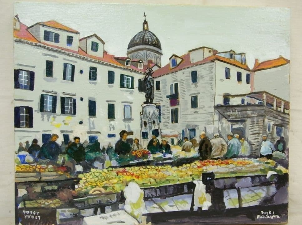 「クロアチア ドブロニク(市場)」 Masa Saigusa 油彩 F3 額装
