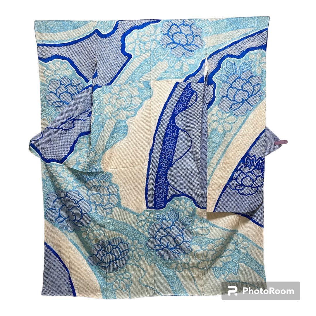 22141 【即購入OK】振袖　総絞りブルー系　呉服店誂え　セット可能【即発送】